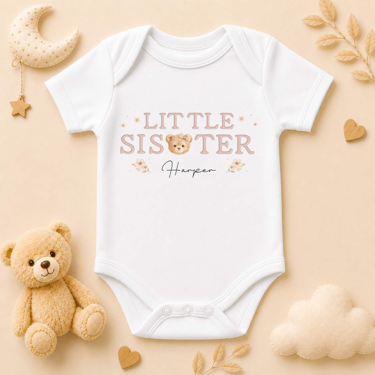 Personalised Little Sister Baby Vest Bodysuit for Girls, Teddy Bear with Name