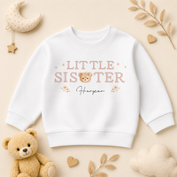 Little Sister - Personalised Big or Little Sister Kids Sweatshirt for Girls, Teddy Bear with Name