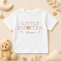 Little Sister - Personalised Big or Little Sister Kids T-Shirt for Girls, Teddy Bear with Name