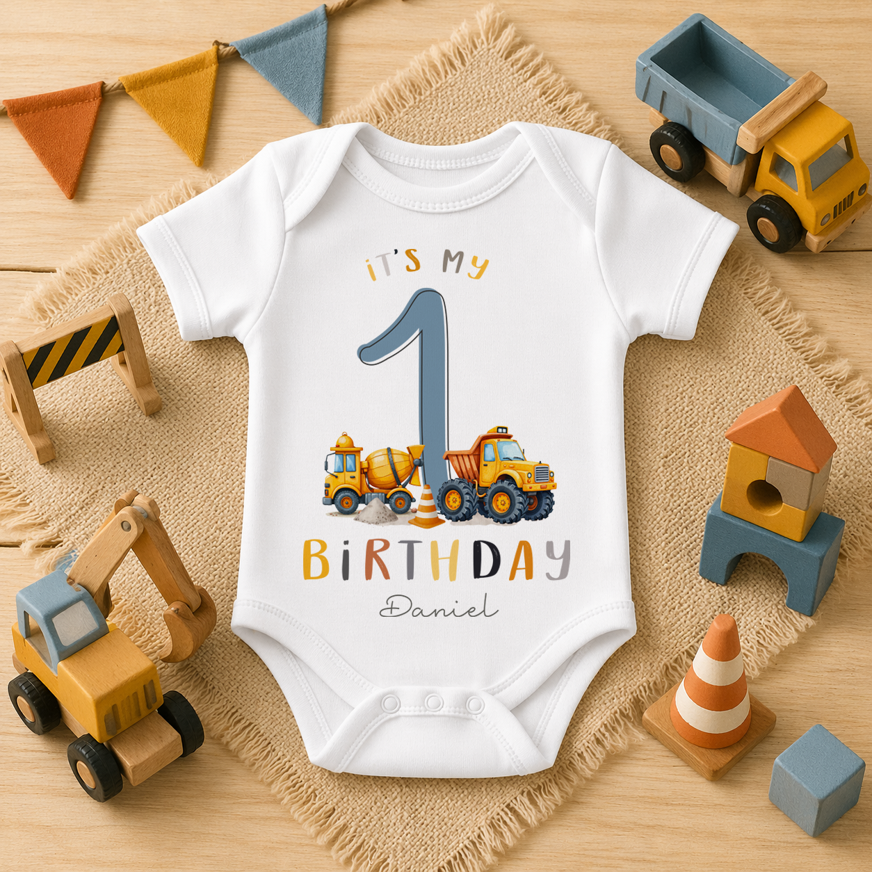 Personalised Baby 1st Birthday Cement Mixer & Tipper Truck Baby Bodysuit for Boys