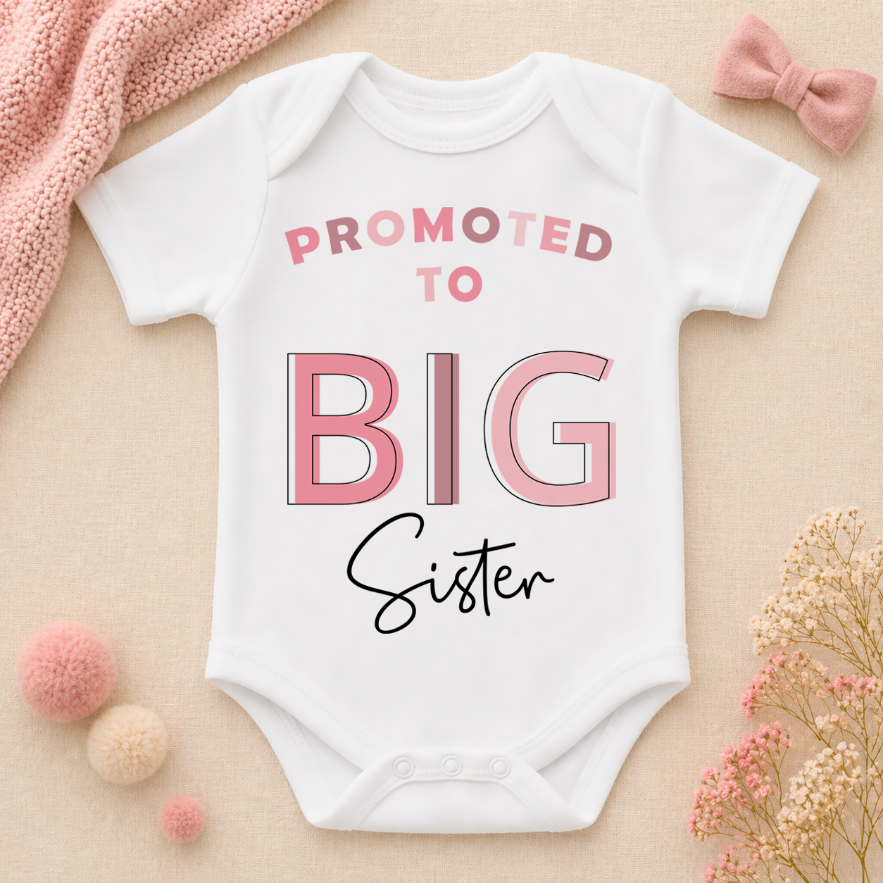Promoted to Big Sister Pink Outline Text Baby Bodysuit