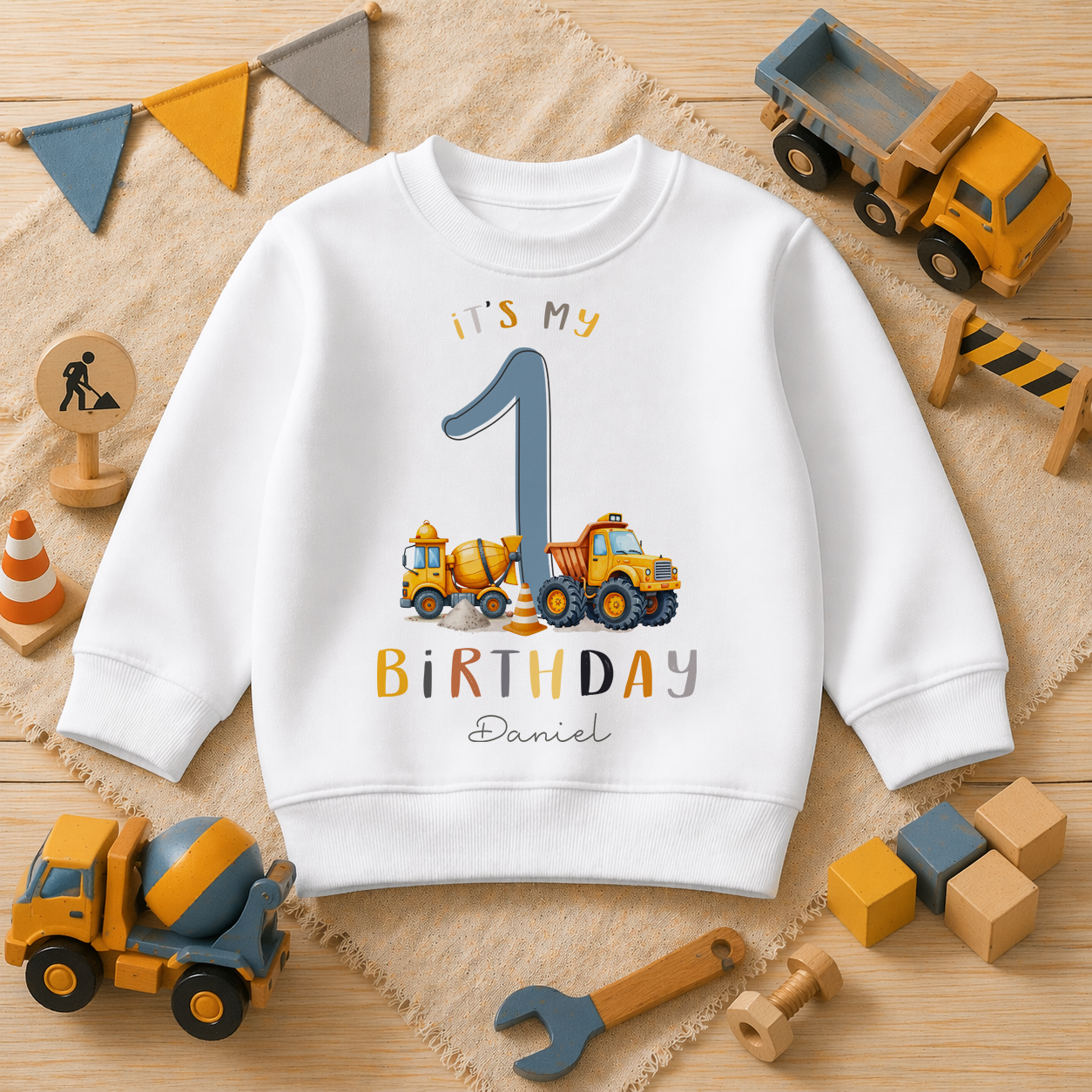 Personalised Name Kids Jumper 1st Birthday Construction Cement Mixer Tipper Truck Digger Vehicles for Toddler Gift
