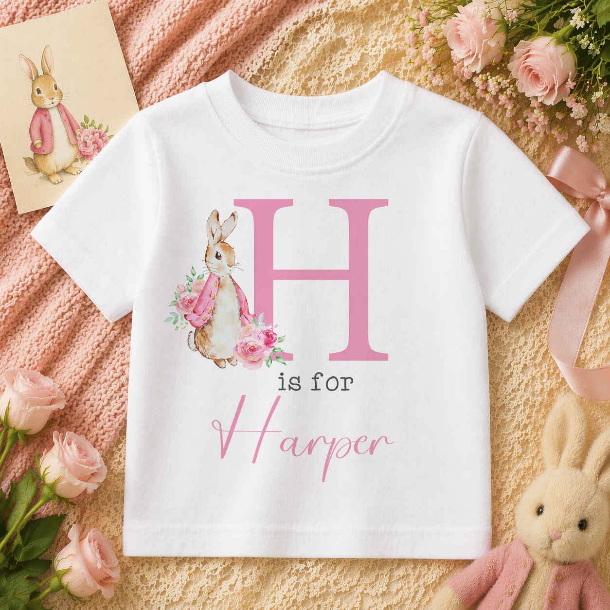 Personalised Kids Pink Initial Floral Bunny T-Shirt for Girls