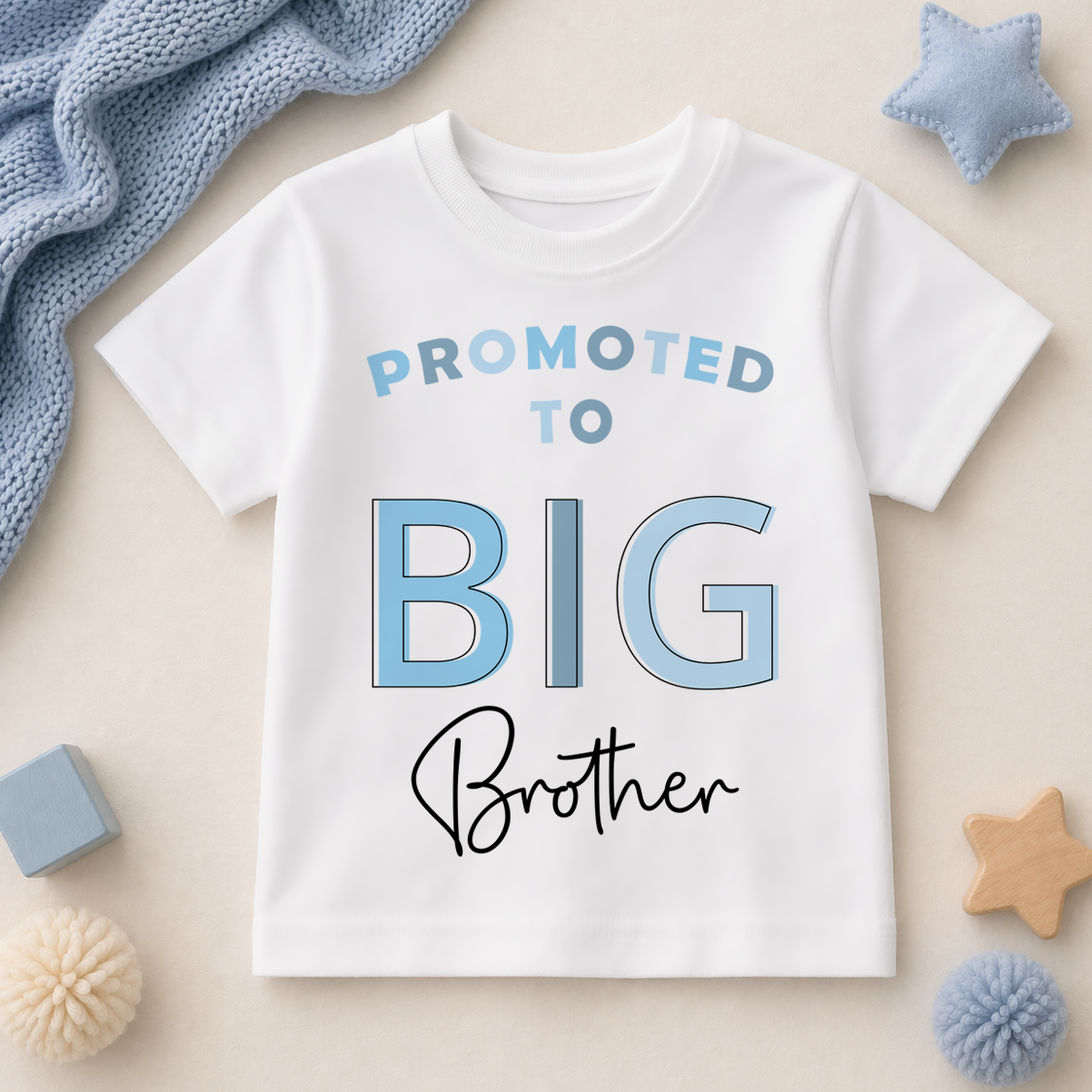 Big Brother Kids T-Shirt Promoted Blue Block Script Lettering Heart Announcement Gift