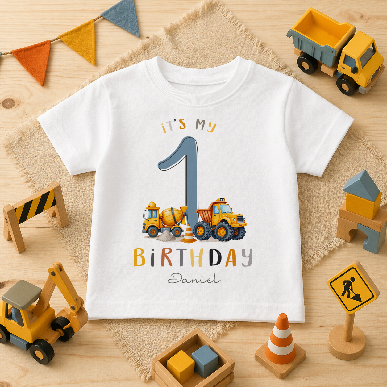 Personalised Name Kids T-Shirt 1st Birthday Construction Vehicles Cement Mixer Tipper Truck Digger for Toddler Gift