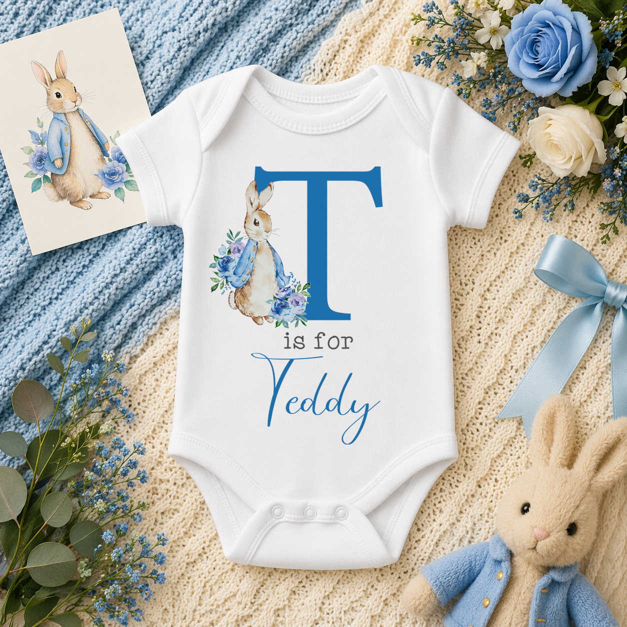 Personalised Peter Rabbit Blue Initial Letter Baby Bodysuit