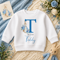 Personalised Kids Blue Initial Floral Bunny Sweatshirt for Boys with Name