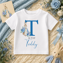 Personalised Kids Blue Initial Floral Bunny T-Shirt for Boys with Name