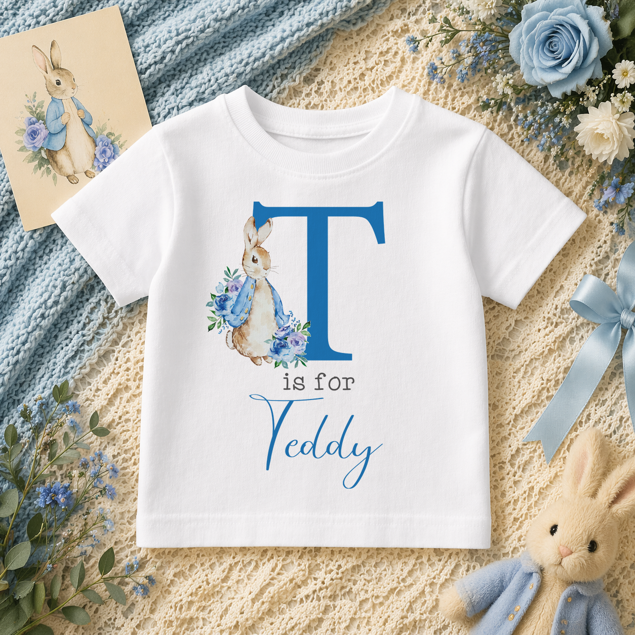 Personalised Peter Rabbit Blue Floral Initial T-Shirt for Toddler & Kids