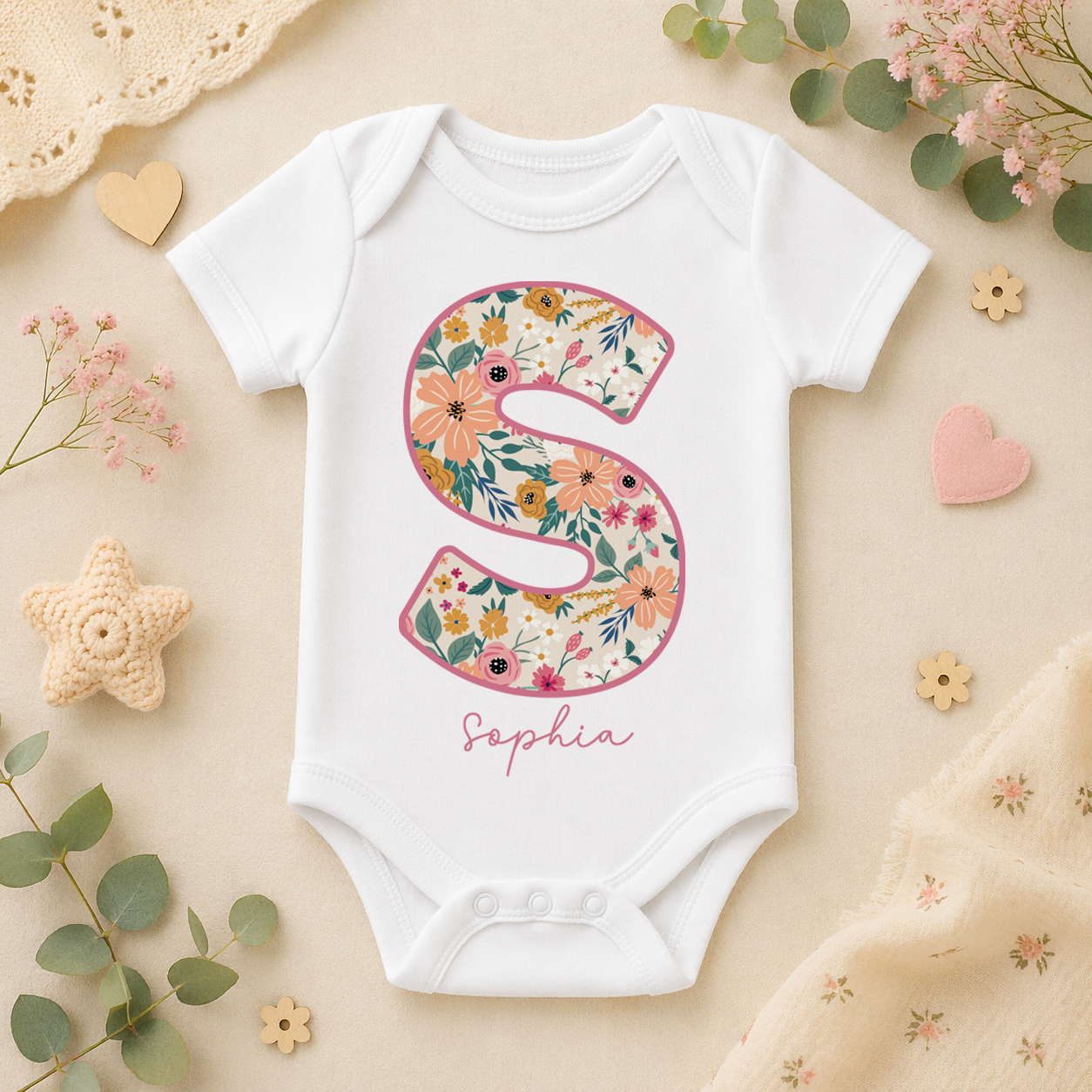 Personalised Pink Outline Floral Initial Baby Bodysuit