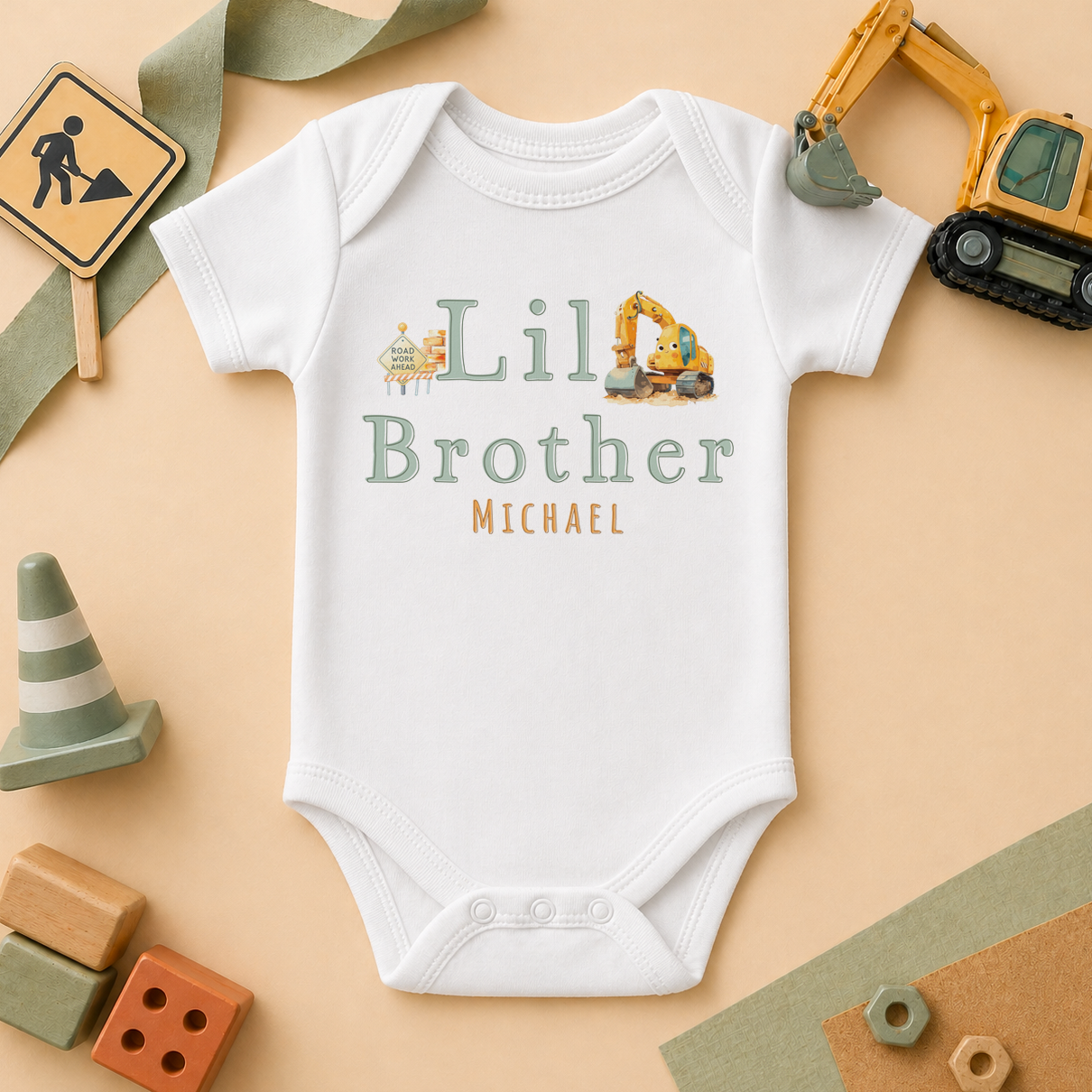 Personalised Lil Brother Baby Vest Bodysuit Construction Digger Sibling Reveal
