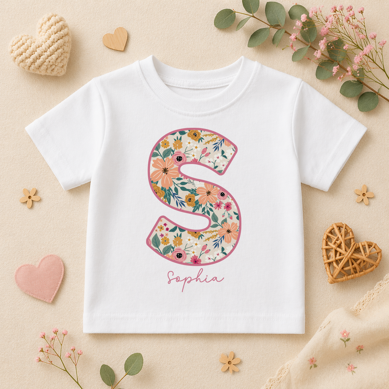 Personalised Kids Pink Floral Initial T-Shirt for Girls
