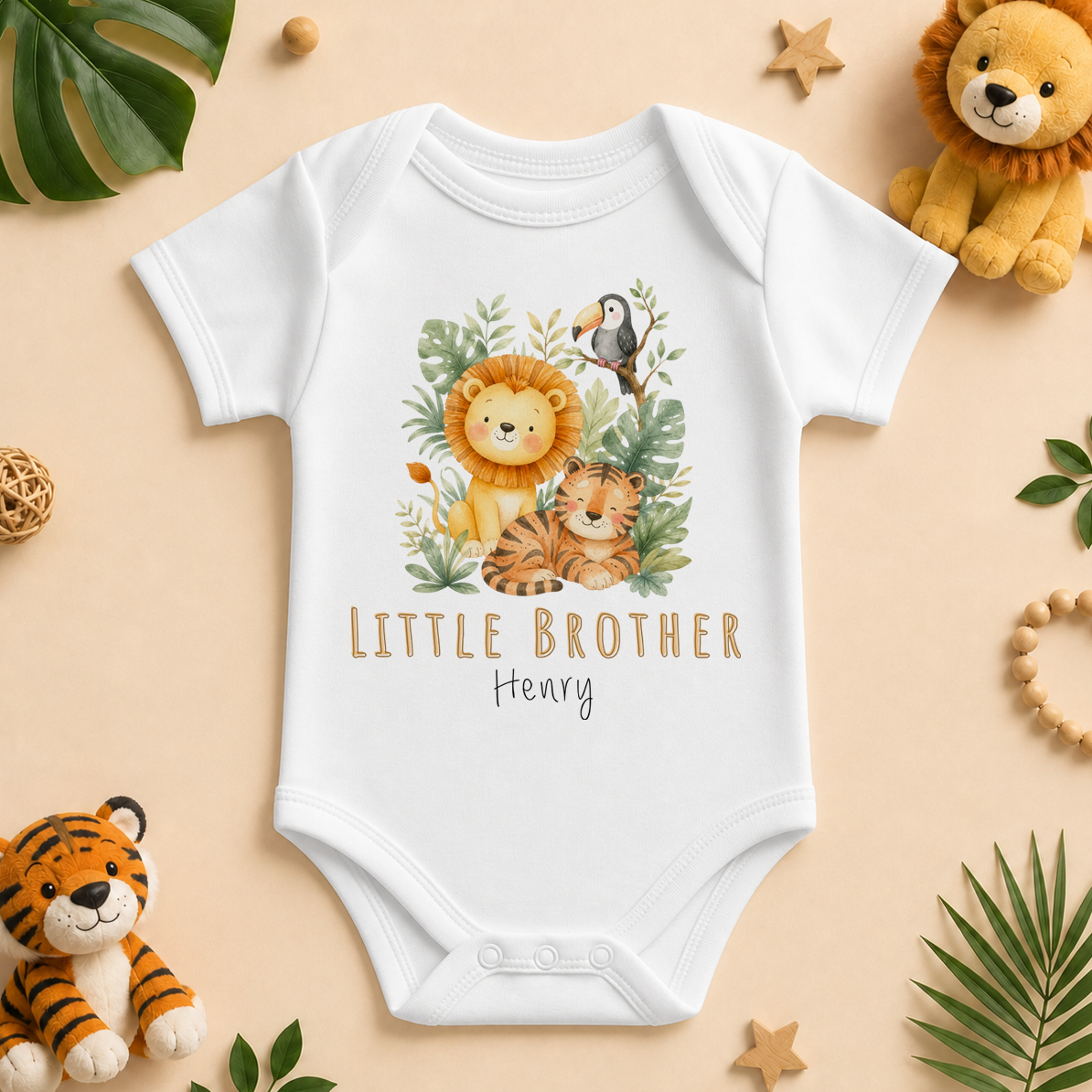 Little Brother - Personalised Little Brother Jungle Baby Vest Bodysuit, Watercolour Lion Tiger Toucan with Name