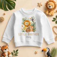 Little Brother - Personalised Big & Little Brother Jungle Kids Sweatshirt for Boys, Cosy Lion Tiger Toucan Sibling with Name