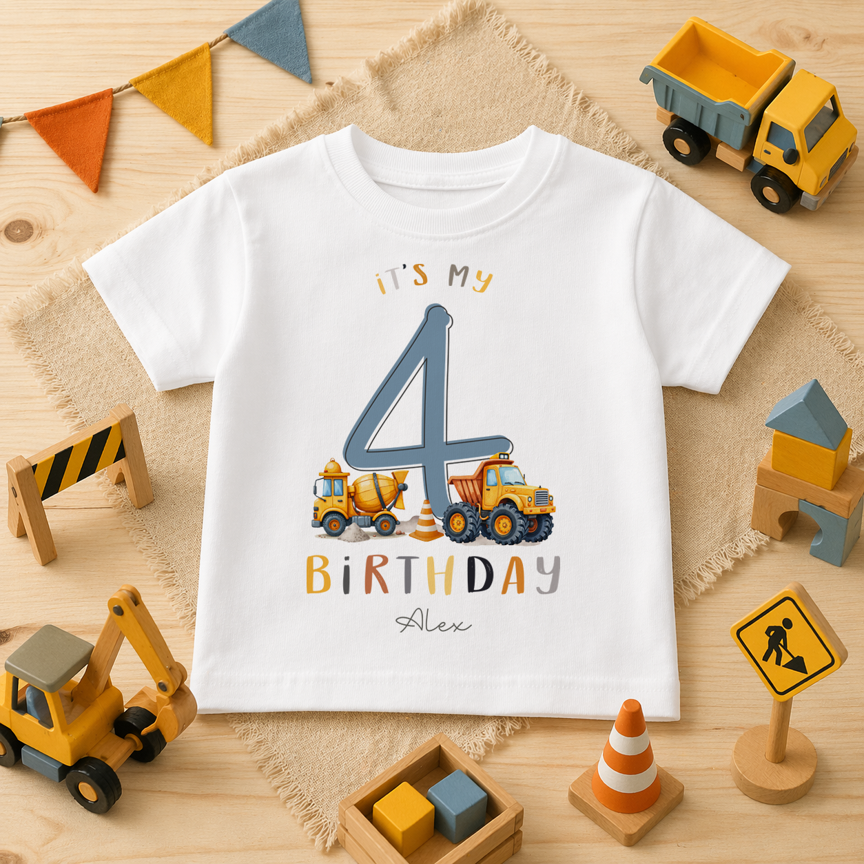 Personalised Name Kids T-Shirt 4th Birthday Cement Mixer Tipper Truck Construction Digger Gift