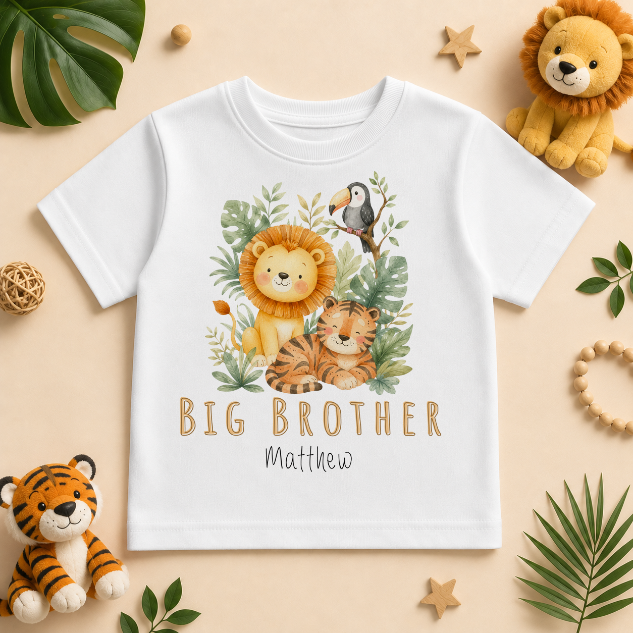Big Brother - Personalised Big & Little Brother Jungle Kids T-Shirt for Boys, Watercolour Lion Tiger Toucan Sibling with Name