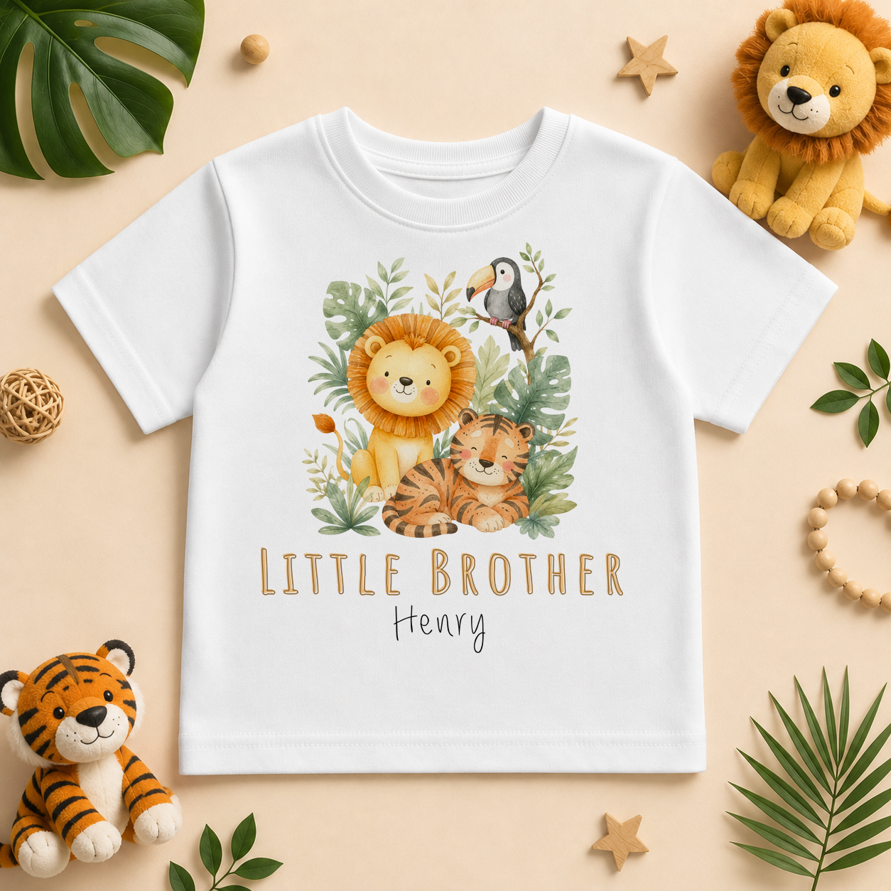 Little Brother - Personalised Big & Little Brother Jungle Kids T-Shirt for Boys, Watercolour Lion Tiger Toucan Sibling with Name