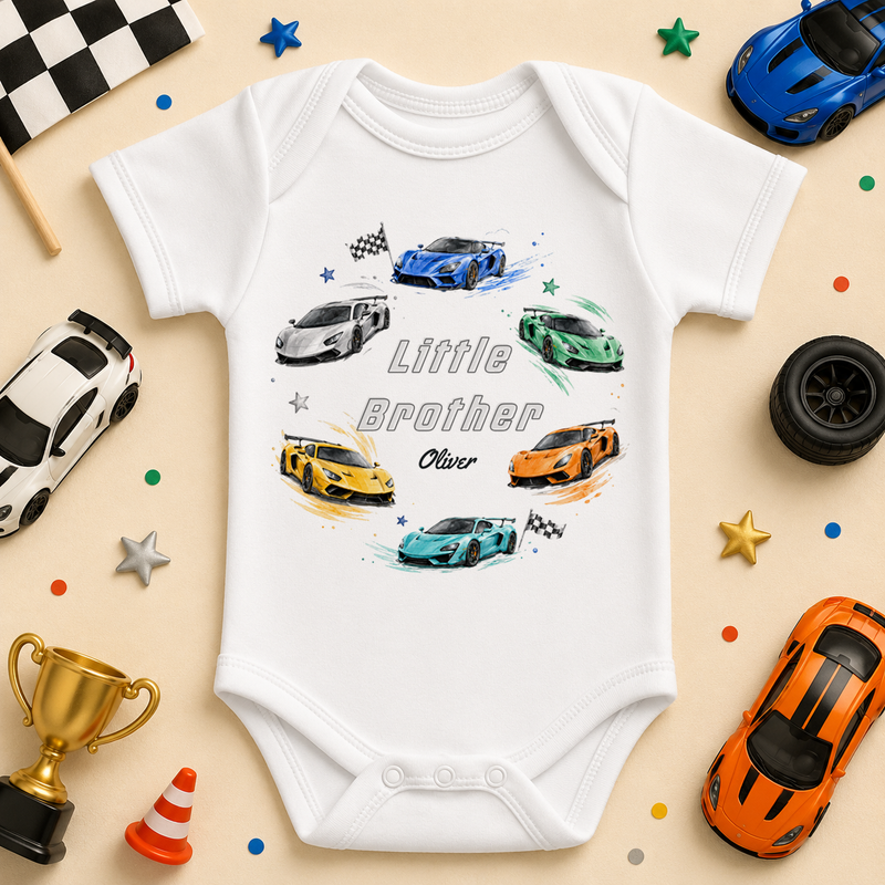 Personalised Little Brother Racing Supercars Baby Vest Bodysuit, Chequered Flag with Name