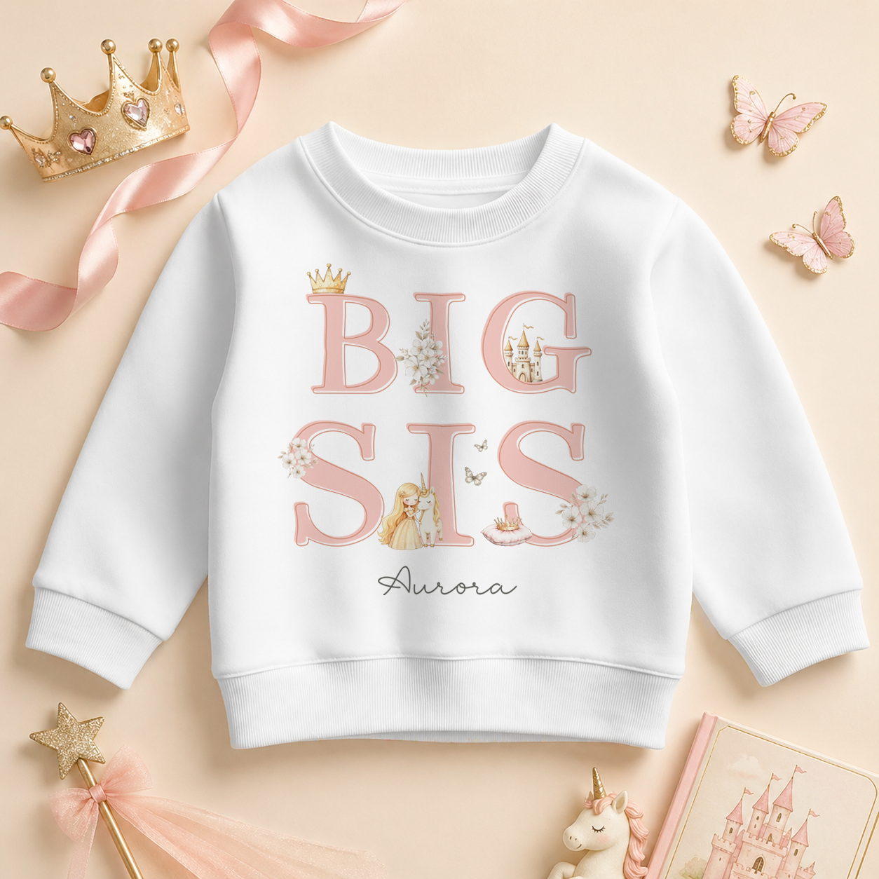 Personalised Big Sis or Lil Sis Kids Sweatshirt Princess Sibling Reveal for Girls