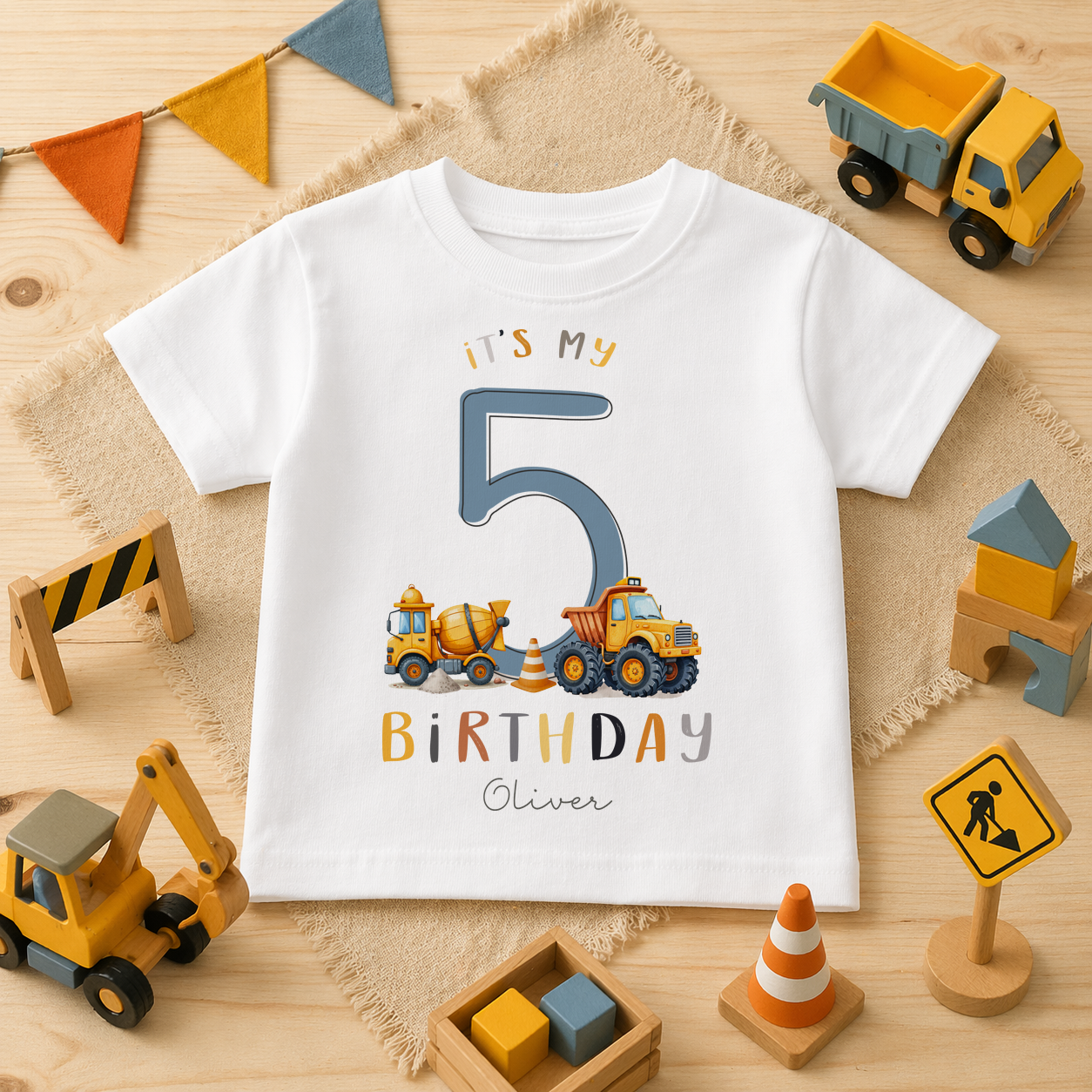 Personalised Name Kids T-Shirt 5th Birthday Cement Mixer Tipper Truck Construction Vehicles Gift Idea