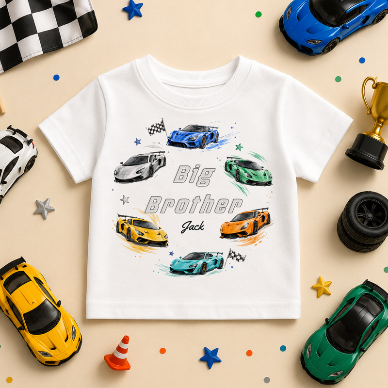 Big Brother - Personalised Big or Little Brother Racing Supercars Kids T-Shirt for Boys, Chequered Flag with Name