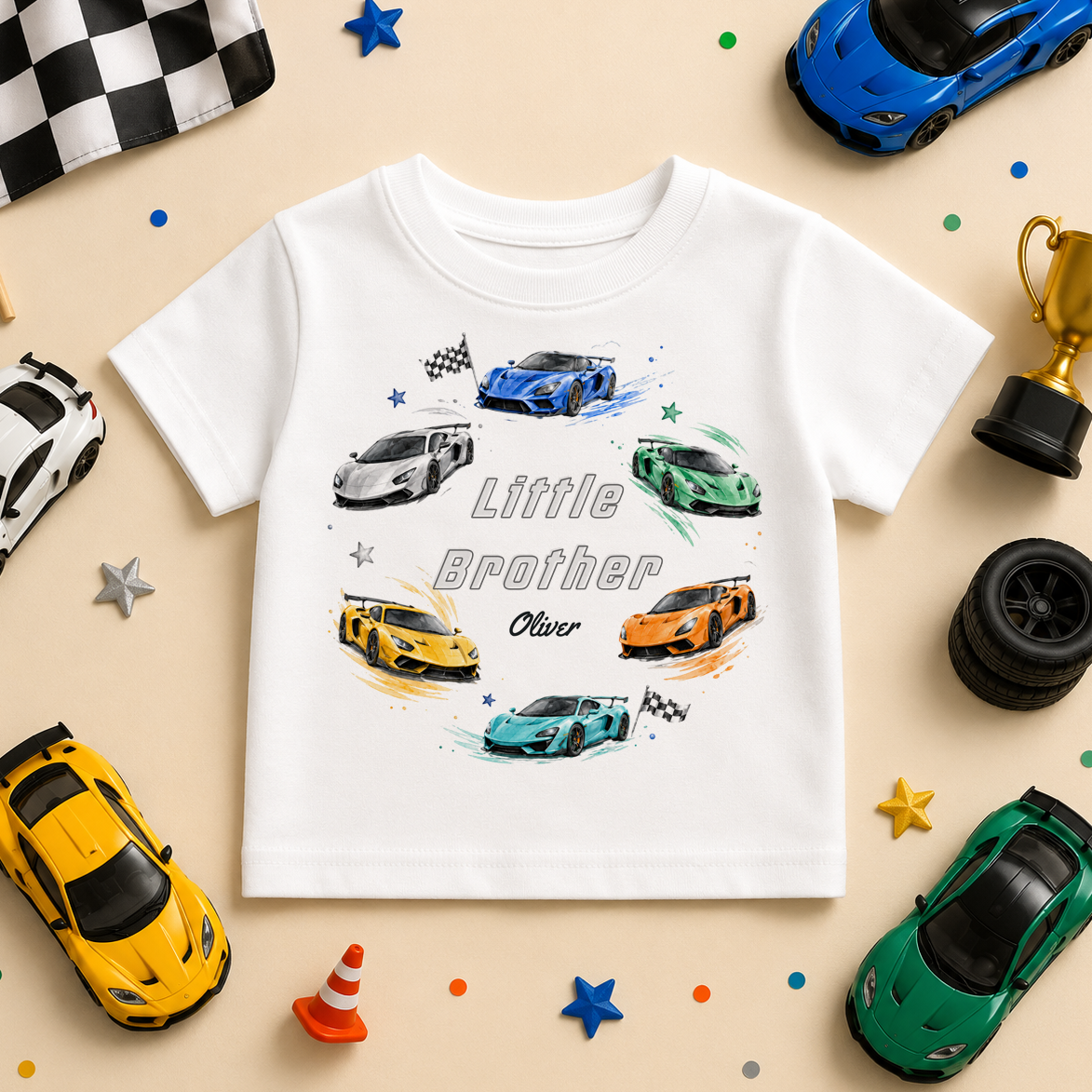 Little Brother - Personalised Big or Little Brother Racing Supercars Kids T-Shirt for Boys, Chequered Flag with Name