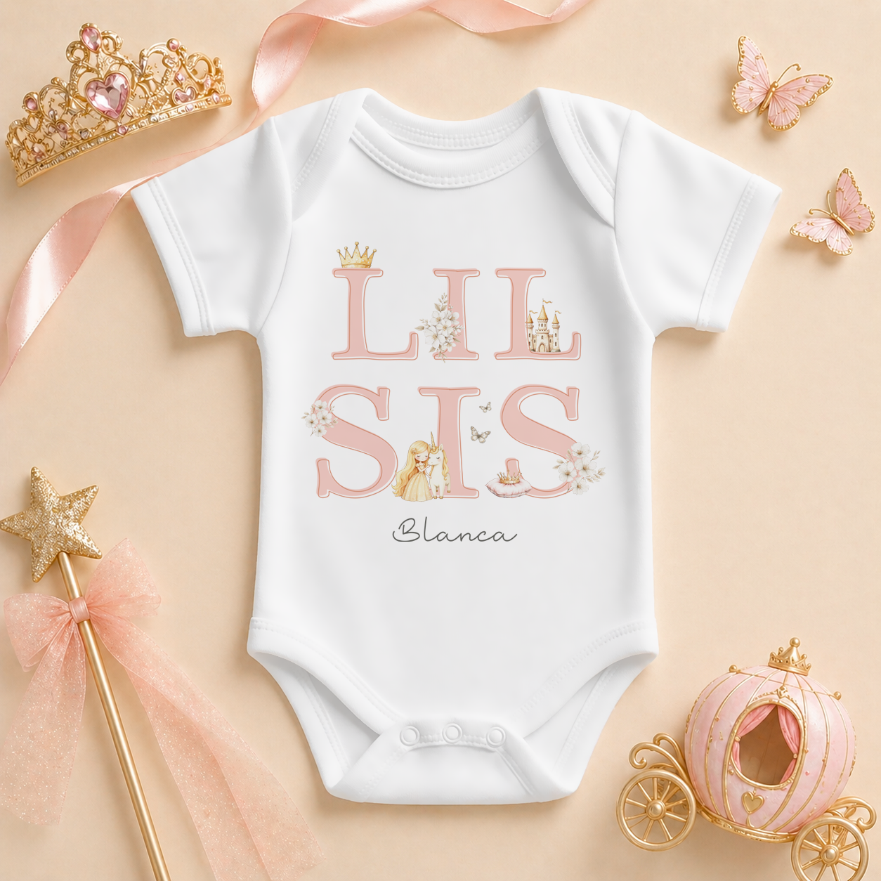 Personalised Lil Sis Baby Vest Bodysuit Princess Sibling Reveal for Girls