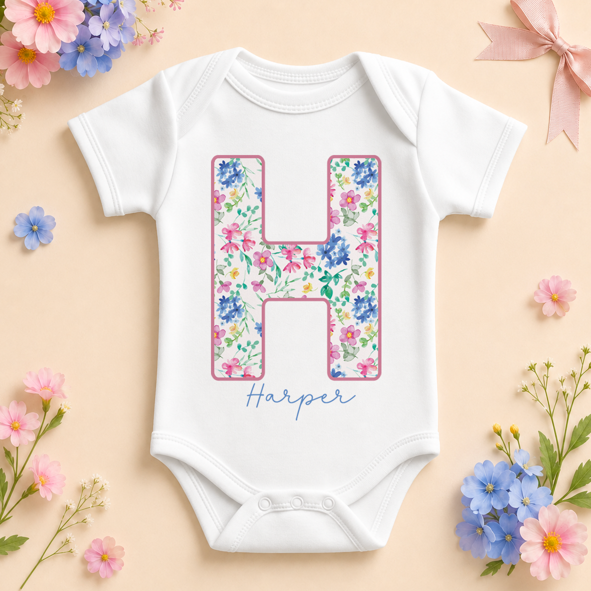 Personalised Initial Letter Colourful Flowers Baby Bodysuit