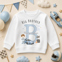 Big Brother - Personalised Big or Little Brother Blue Car Initial Letter Kids Sweatshirt for Boys, Racing with Name