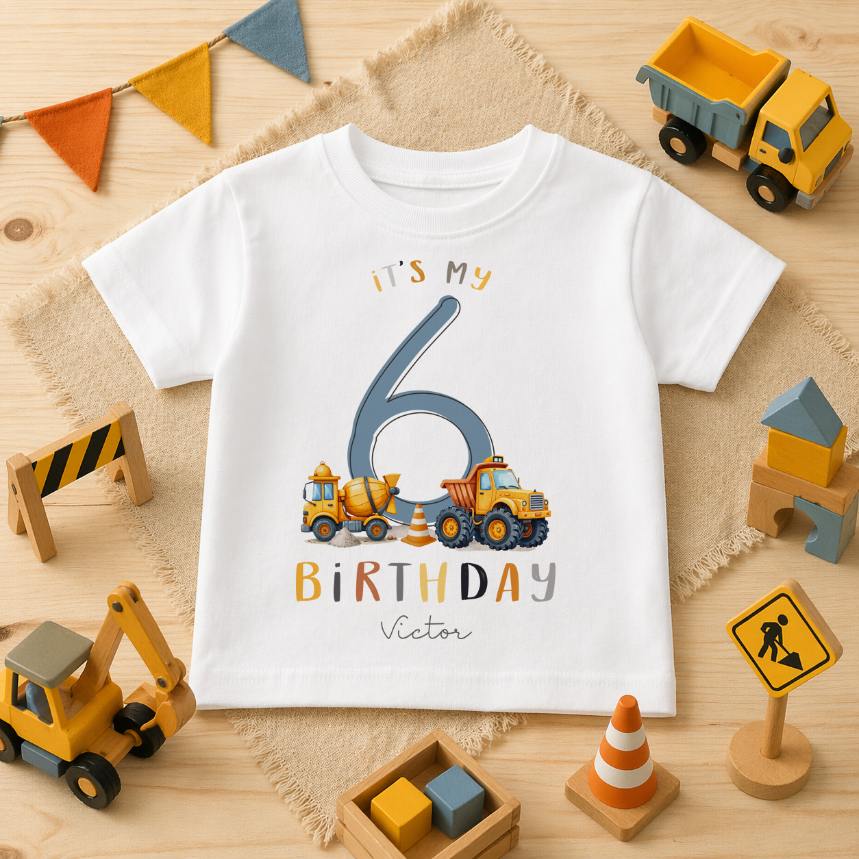 Personalised 6th Birthday Cement Mixer & Tipper Truck T-Shirt for Boys