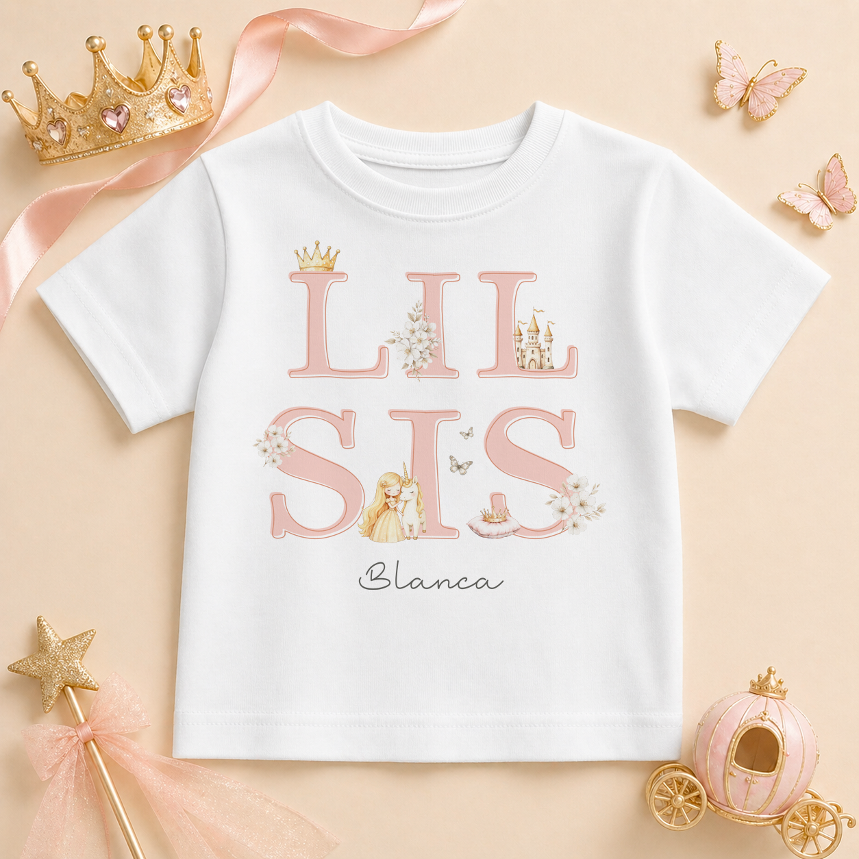 Personalised Big Sis or Lil Sis Kids T-Shirt Princess Sibling Reveal for Girls