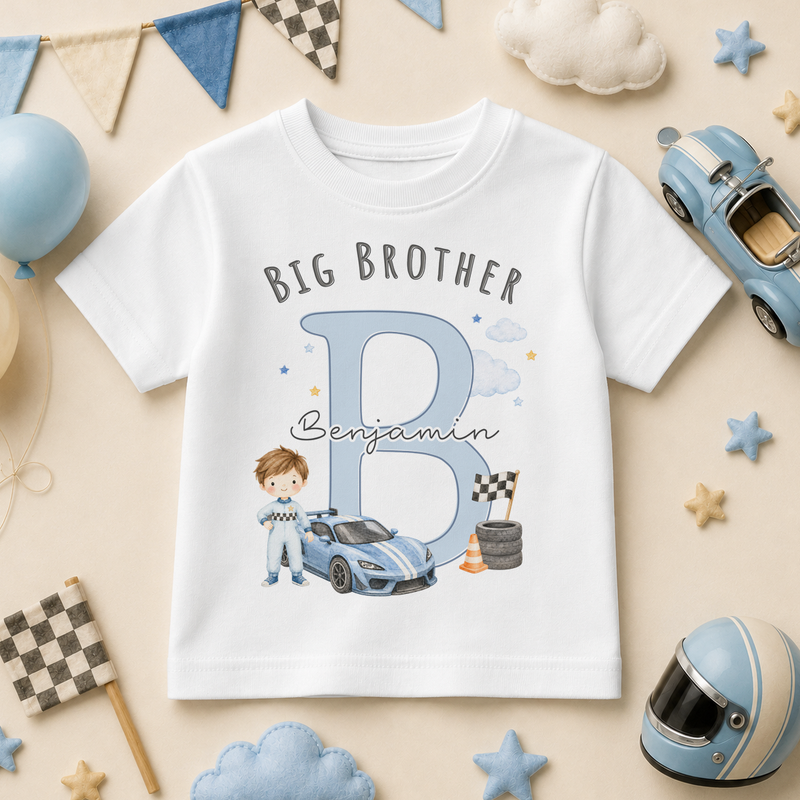 Big Brother - Personalised Big or Little Brother Blue Car Initial Letter Kids T-Shirt for Boys, Racing with Name