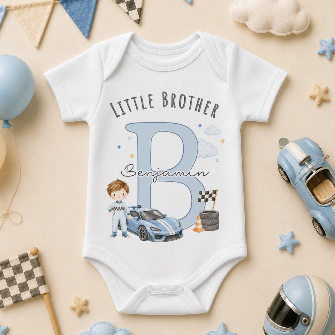 Personalised Little Brother Blue Car Initial Letter Baby Vest Bodysuit, Racing with Name