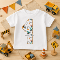 Personalised Name Kids T-Shirt 1st Birthday Digger Excavator Dumper Truck Construction for Toddler Gift