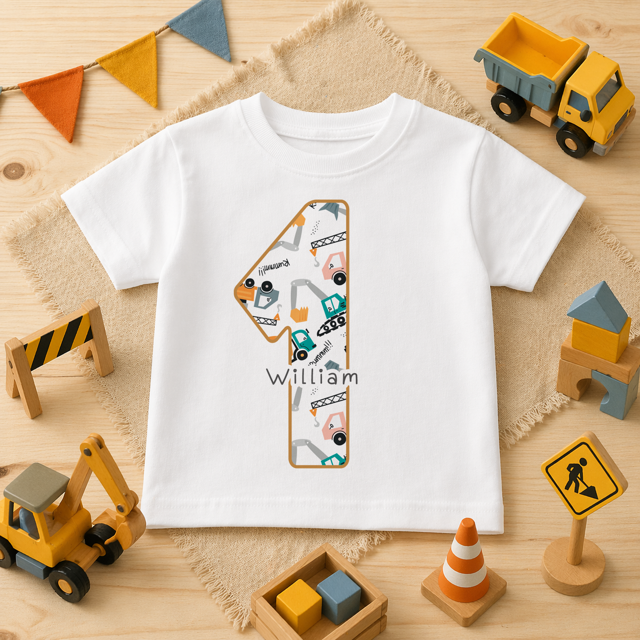 Personalised Name Kids T-Shirt 1st Birthday Digger Excavator Dumper Truck Construction for Toddler Gift
