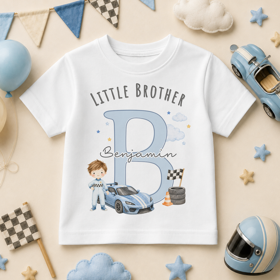 Little Brother - Personalised Big or Little Brother Blue Car Initial Letter Kids T-Shirt for Boys, Racing with Name