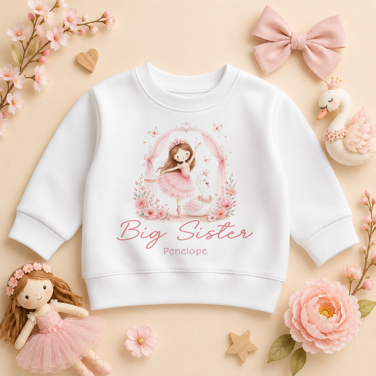 Big Sister - Personalised Big or Little Sister Princess Ballerina Kids Sweatshirt for Girls, Cosy Pink Floral Arch with Name