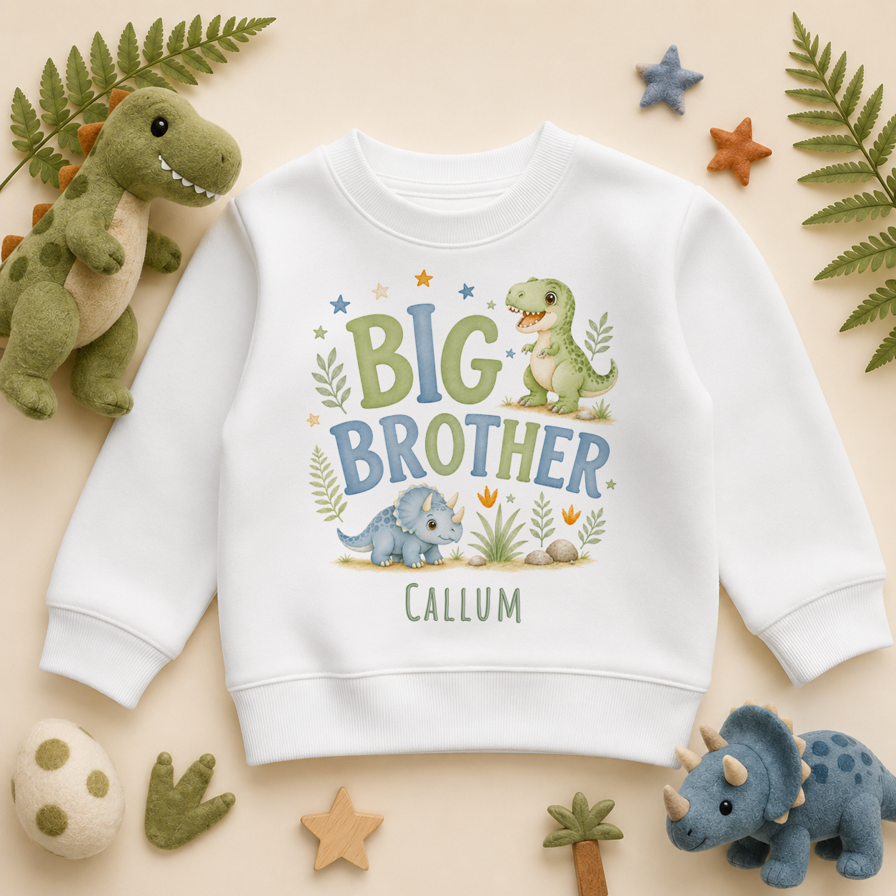 Big Brother - Personalised Big or Little Brother Kids Sweatshirt for Boys, Watercolour Dinosaurs with Name