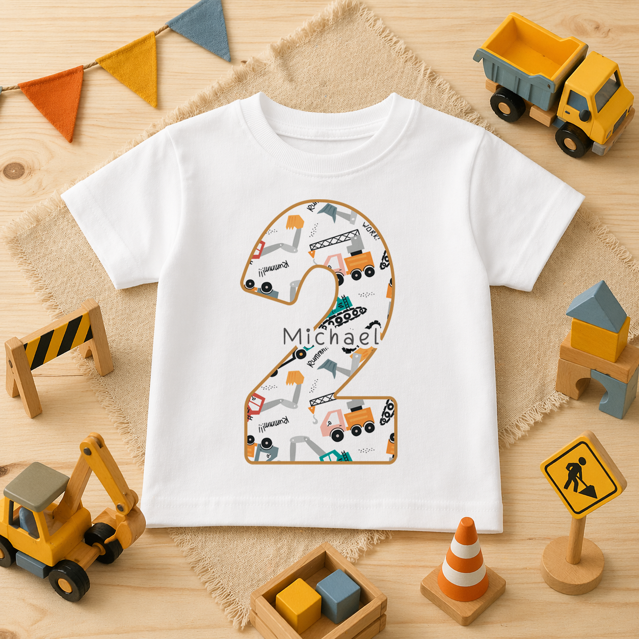 Personalised Name Kids T-Shirt 2nd Birthday Construction Excavator Dump Truck Digger for Toddler Gift