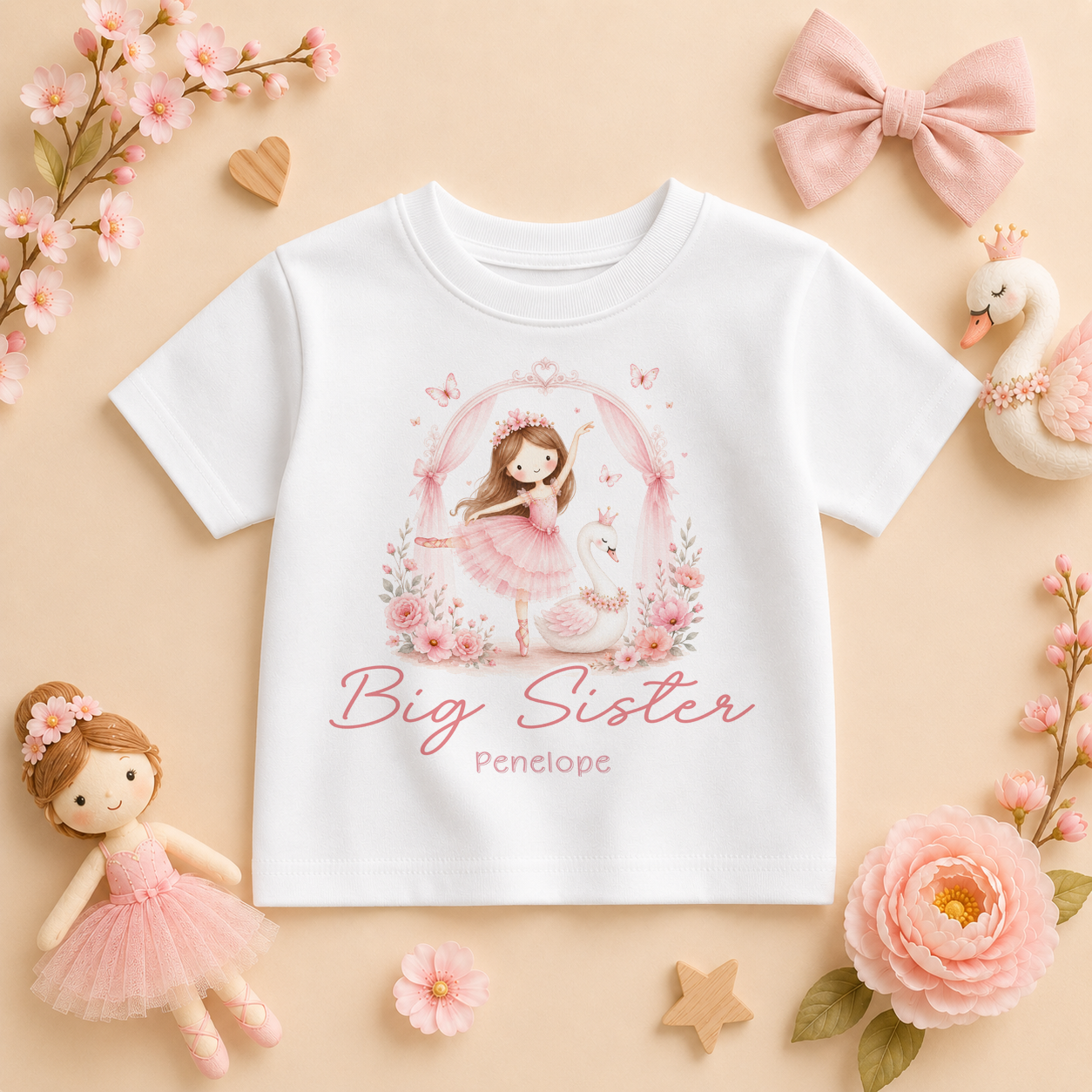 Big Sister - Personalised Big or Little Sister Princess Ballerina Kids T-Shirt for Girls, Pink Floral Arch with Name