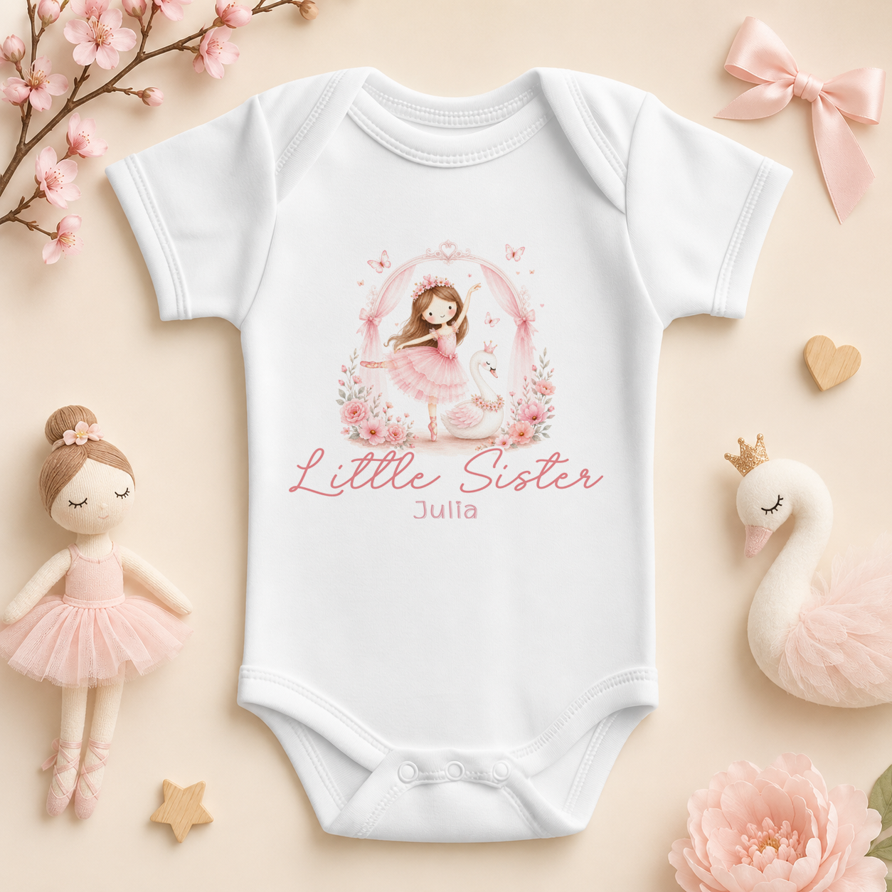Personalised Little Sister Princess Ballerina Baby Vest Bodysuit, Pink Floral Arch with Name