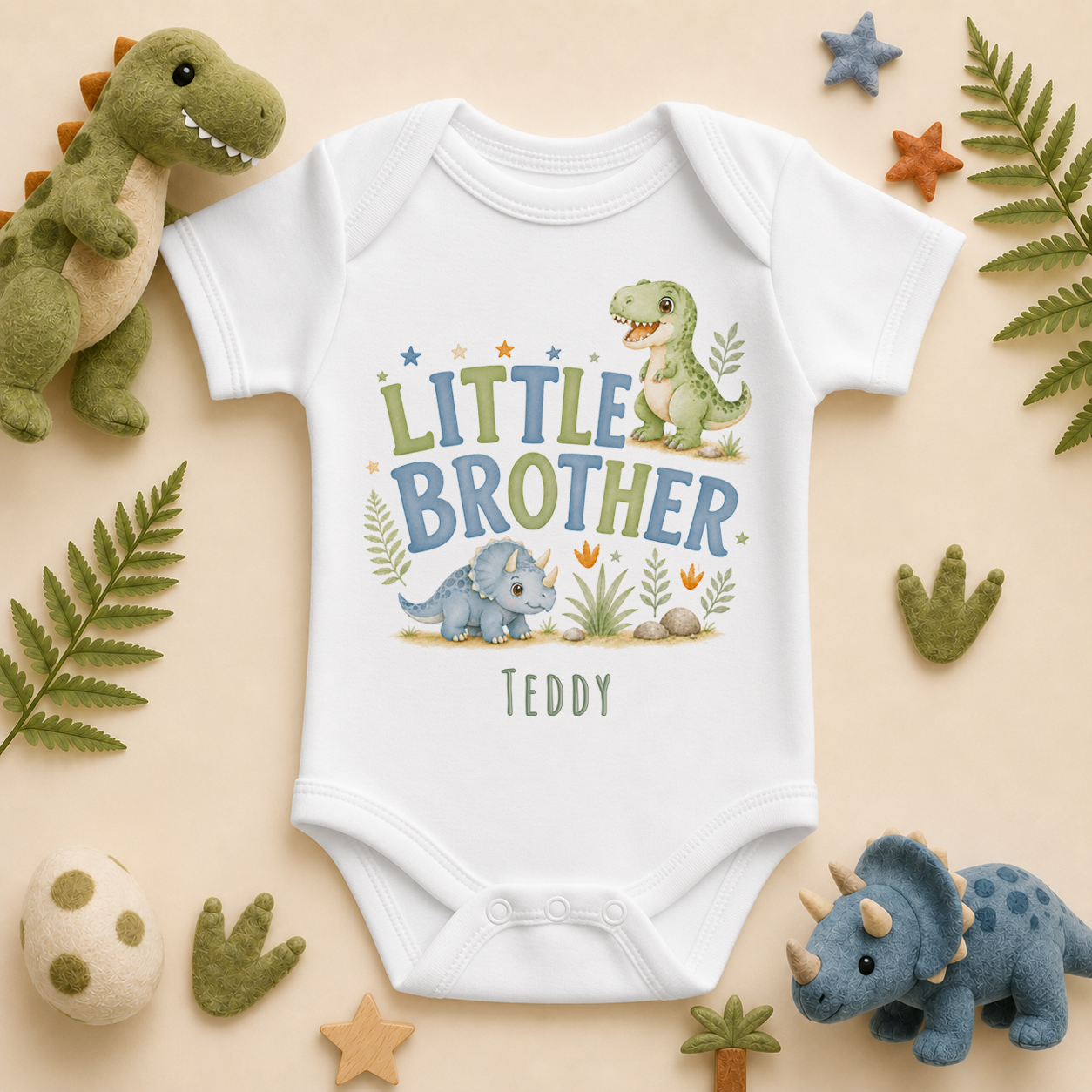 Personalised Little Brother Baby Vest Bodysuit for Boys, Watercolour Dinosaurs with Name