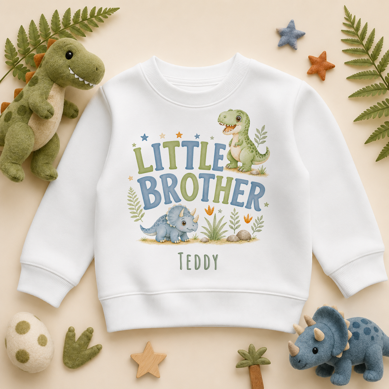 Little Brother - Personalised Big or Little Brother Kids Sweatshirt for Boys, Watercolour Dinosaurs with Name