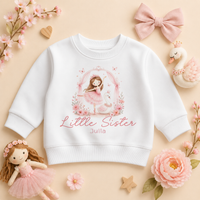 Little Sister - Personalised Big or Little Sister Princess Ballerina Kids Sweatshirt for Girls, Cosy Pink Floral Arch with Name