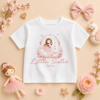 Little Sister - Personalised Big or Little Sister Princess Ballerina Kids T-Shirt for Girls, Pink Floral Arch with Name