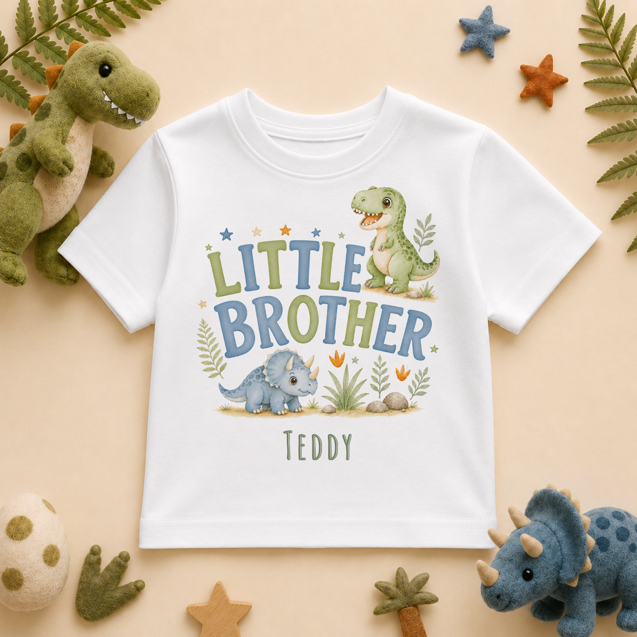 Little Brother - Personalised Big or Little Brother Kids T-Shirt for Boys, Watercolour Dinosaurs with Name
