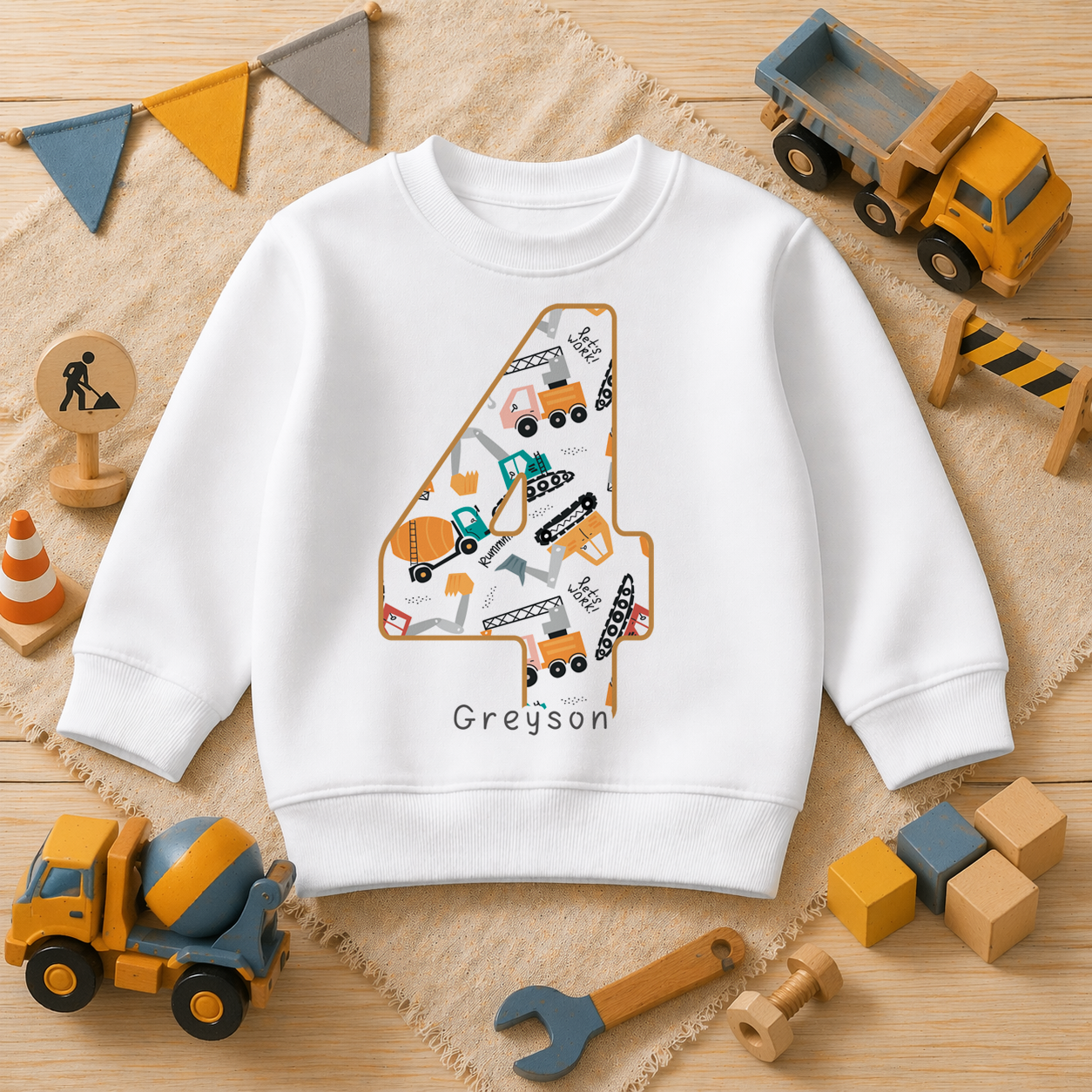 Personalised Name Kids Jumper 4th Birthday Construction Vehicles Excavator Dump Truck Orange Gift Idea