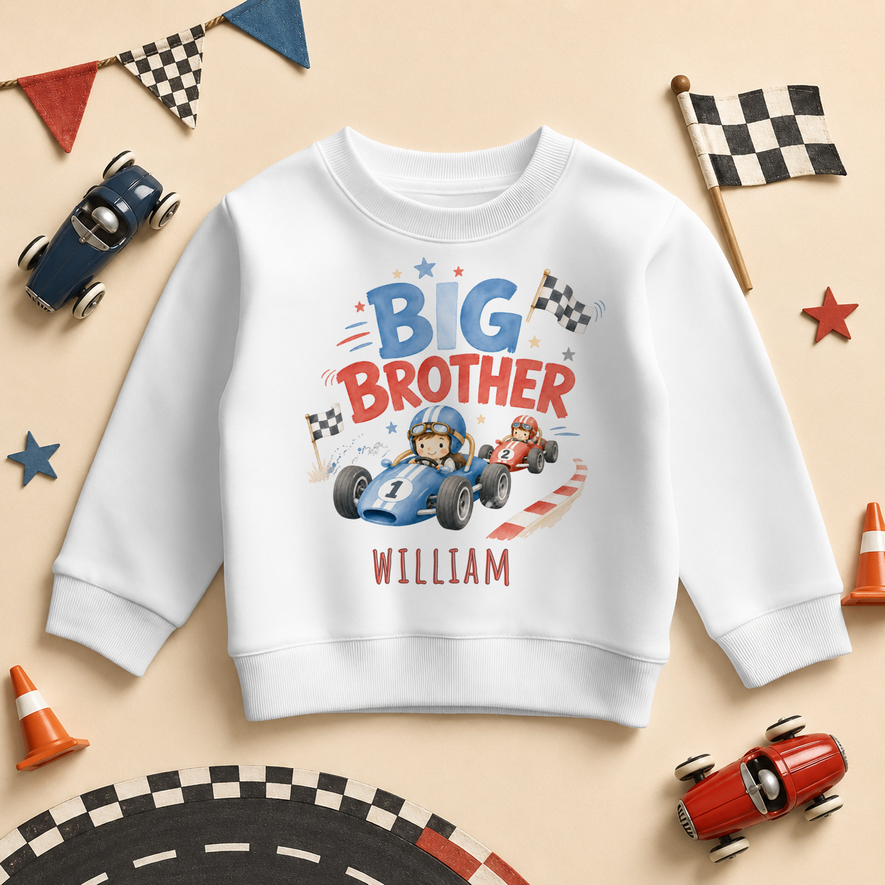 Big Brother - Personalised Big or Lil Brother Kids Sweatshirt for Boys, Race Car with Name