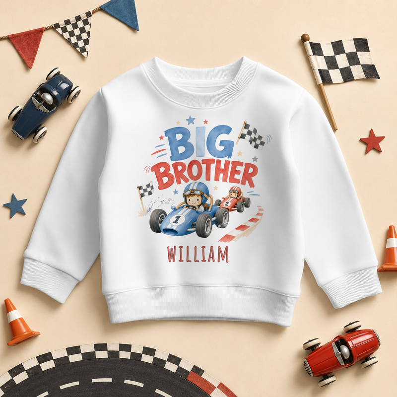Big Brother - Personalised Big or Lil Brother Kids Sweatshirt for Boys, Race Car with Name