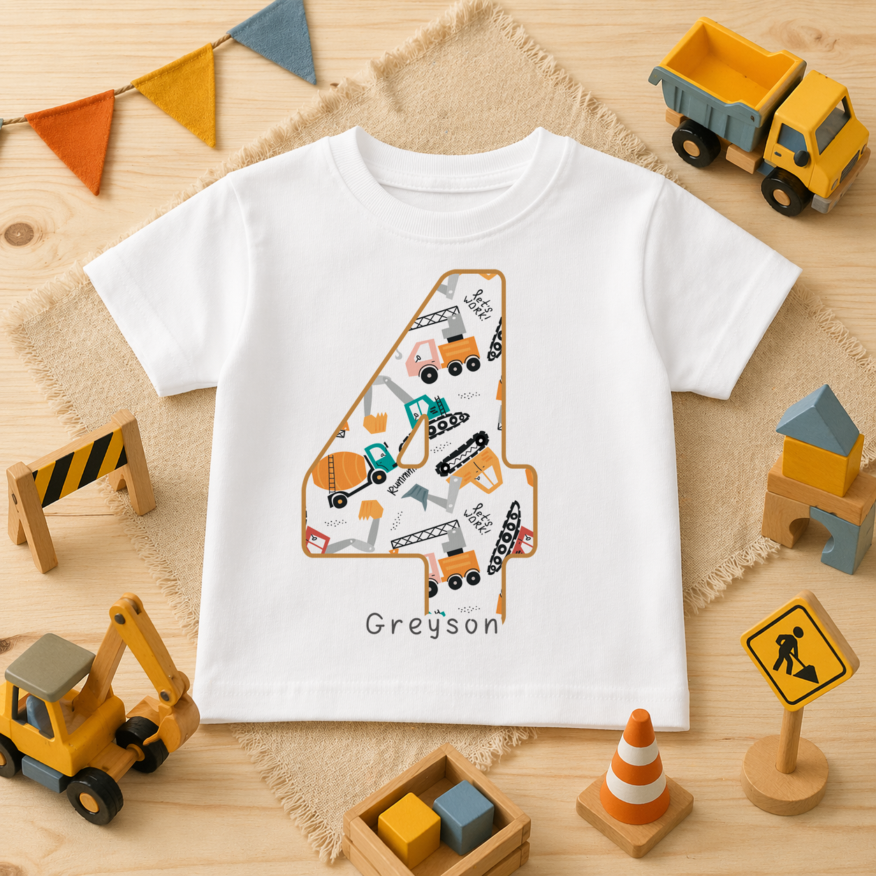 Personalised Name Kids T-Shirt 4th Birthday Construction Vehicles Excavator Dump Truck Orange Gift Idea